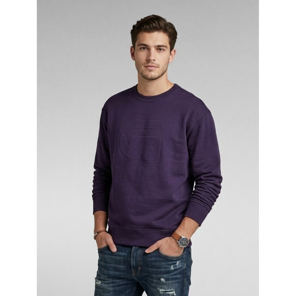 G-Star Raw‎ Mens Logo Flocked Crewneck Sweatshirt Purple Large Pullover Fleece